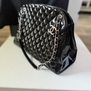 CHANEL Black Quilted Patent Leather Just Mademoiselle Bag (Excellent)